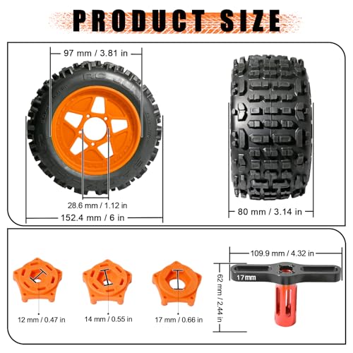 3.8" MT Monster Truck All Terrain Tires with Foam Insert - 17mm/14mm/12mm Hex Adapters Included for TRAXXAS Sledge ARRMA Kraton Outcast Tamiya HSP (Set of 4) Replacement Part of AR510092 - color: Orange
