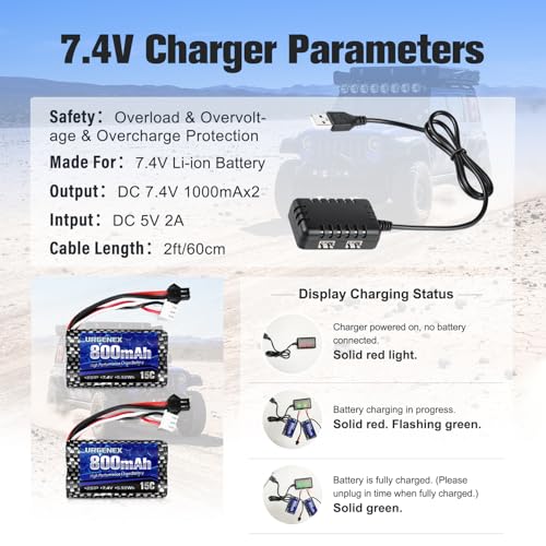Airsoft Battery 7.4V 800mAh with SM-2P Plug 2S RC Li-ion Battery Compatible with Anstoy Gel Blaster Gun WPL MN BEZGAR RC Car Boats and Most 1/16, 1/18, 1/24 RC Trucks