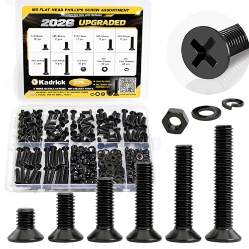 KADRICK 325Pcs M5 Countersunk Screw Kit,M5 Flat Head Bolts Nuts Washers | M5 Flat Phillips Head Screw Kit,Black Zinc Plated,Length of 8MM-30MM - size: M5 325Pcs 8-30mm