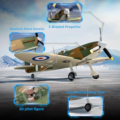 CKYSCHN VOLANTEXR Brushless RC Plane 500mm with X-Pilot Gyro for Adults | Spitfire Fighter 4CH RC Airplane, 3 Level Modes, Aerobatic Outdoor Flying, RTF Remote Control Airplane with 2 Batteries - color: Brown-76805