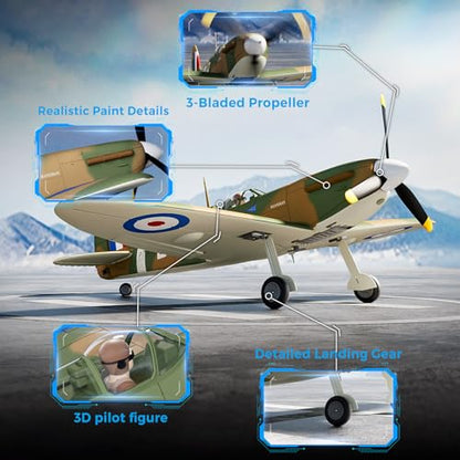 CKYSCHN VOLANTEXR Brushless RC Plane 500mm with X-Pilot Gyro for Adults | Spitfire Fighter 4CH RC Airplane, 3 Level Modes, Aerobatic Outdoor Flying, RTF Remote Control Airplane with 2 Batteries - color: Brown-76805
