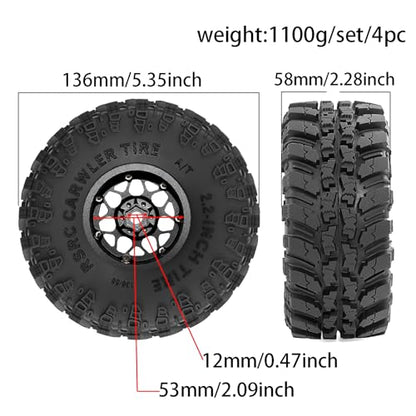 STMU 2.2'' RC Rubber Crawler Rock Tires OD 136mm/5.3'' with Foam Insert for 1/8 1/10 RC Crawler Car SCX10 TRX4 TRX6 GEN7/8 2.2'' Beadlock Rims (Black)