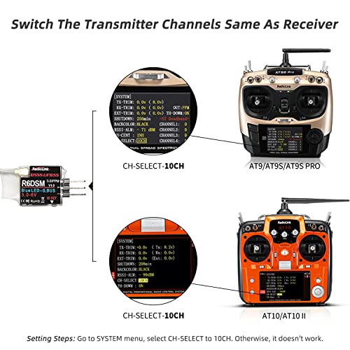 Radiolink R6DSM 2.4Ghz 10 Channels Micro RC Receiver SBUS/PPM for Mini FPV Racing Drone, Quadcopters Aircraft, AT9S AT9S Pro/AT10/AT10II Transmitter