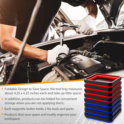 Huwena 8 Pcs Collapsible Magnetic Parts Tray Set Foldable Tool Trays Square Double-sided Magnetic Parts Bowl for Screw Bolts Nuts Washers Pins Mechanic Tool Gifts for Men (Red and Blue) - color: Red and Blue