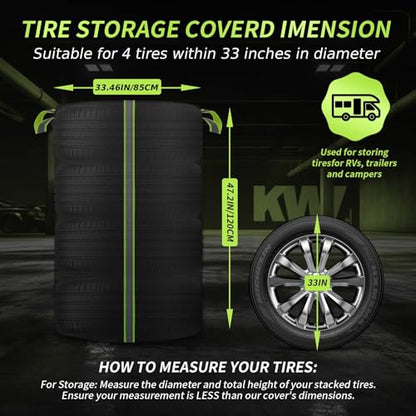 Tire Cover for Storage, 420D Oxford Waterproof Up to 33in Tire Bag with Reflective Handles, Fits 4 Tires Storage Bag with Zipper & Drawstring Lock for UV Protection, Dirt-Resistant