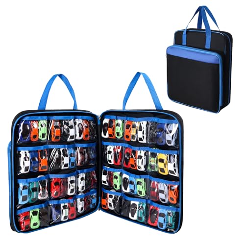 Toy Car Carrying Case, Portable Storage Organizer Bag Compatible with Hot Wheels/Matchbox 1:64 Scale Diecast Cars, Large Travel Tote for Kids Mini Toys, Dolls, Crafts - Bag Only (Blue)