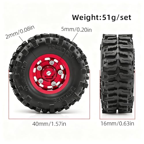 0.7” Wheel & Mud Terrain Tire Set for 1/30 RC Crawler, -1.00mm Offset, Axial SCX30 & Redcat Ascent-32, CNC Aluminum Rims, 5mm Hex, Shims Screwdriver Included, Pre-Assembled, 4 pcs, Red - color: Red, size: Loose-dirt-mud-bite
