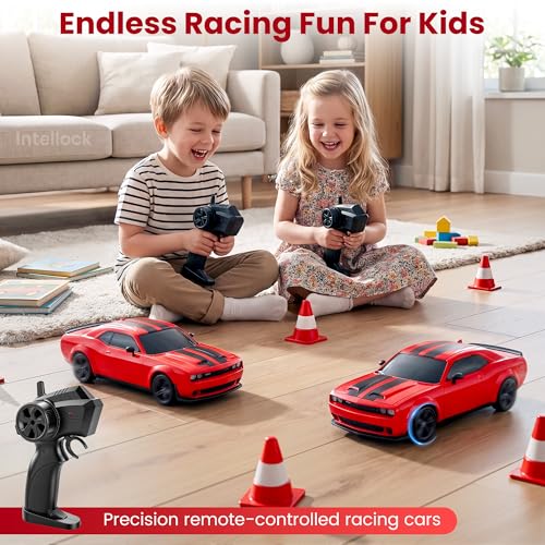 IntelLock 1:24 RTR RC Drift Car with Scratch-Free Drift Tires, 4WD High-Speed Muscle, 2 Rechargeable Batteries, LED Lights, 2.4GHz Remote Control Car for Kids & Adults, Indoor/Outdoor (Red 2)