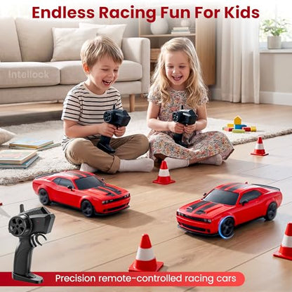 IntelLock 1:24 RTR RC Drift Car with Scratch-Free Drift Tires, 4WD High-Speed Muscle, 2 Rechargeable Batteries, LED Lights, 2.4GHz Remote Control Car for Kids & Adults, Indoor/Outdoor (Red 2)