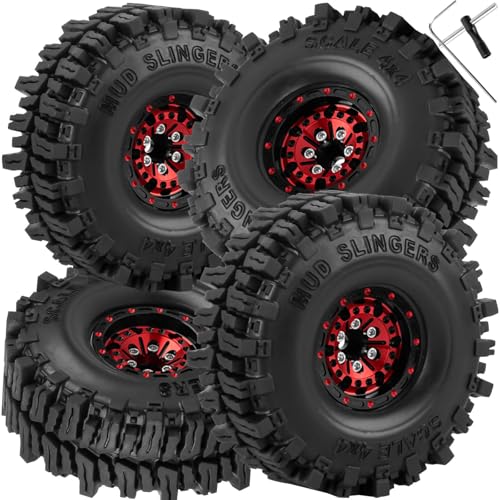 1.0 RC Wheels RC Truck Tires for 1/18 1/24 TRX4M,SCX24,FCX24 RC Crawler,Alloy 1.0‘’ Beadlock RC Truck Tires RC Wheels (4pcs Red) - color: C-red