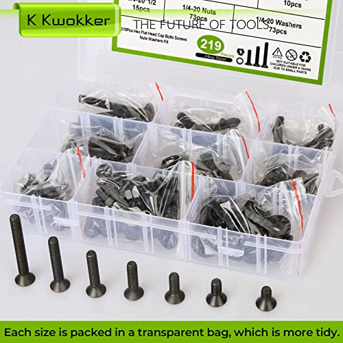 1/4 20 Bolt and Nuts, with Washers for Screws, Hex Socket Flat Head 7 Sizes are 2", 1-1/2", 1-1/4", 1", 3/4", 5/8", 1/2", 10.9 Grade Alloy Steel, Black, Full Machine UNC Thread - size: 1/4 20 Hex Socket Flat Head