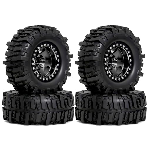 REDSPIDER 4PCS 1.9" RC Crawler Tires Mud Slingers (OD 95mm/3.75") & Beadlock Wheels, Deep Dish -10.4mm Negative Offset Rim for 1/12 MJX H12Y, MN128, MN82S, (Black) - color: Black
