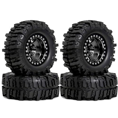 REDSPIDER 4PCS 1.9" RC Crawler Tires Mud Slingers (OD 95mm/3.75") & Beadlock Wheels, Deep Dish -10.4mm Negative Offset Rim for 1/12 MJX H12Y, MN128, MN82S, (Black) - color: Black