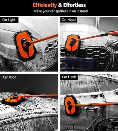 43'' Car Wash Brush with Long Handle Chenille Microfiber Car Wash Kit Mitt Retractable Bent Pole Car Wash Mop for Cars RV Truck Boat (Orange-1) - color: Orange-1