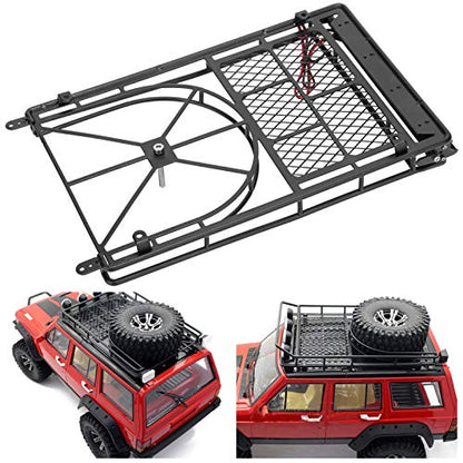Metal Roof Rack Luggage Carrier for RC Crawler Car, RC Roof Rack with LED Light Strip, Sturdy Durable Storage Rack with Spare Tire Mount for HSP