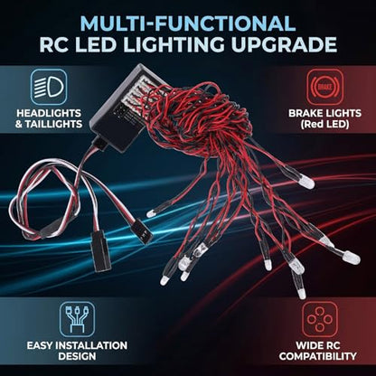 Drfeify RC Lights, 12 LED RC Lighting Kit Headlight Taillight Brake Light Turn Signal with Remote Control for 1/10 1/8 Car Truck Crawler