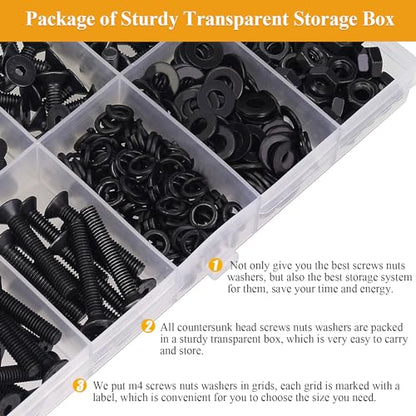 385 Pieces M4 Screws Nuts Washers Set Black, Sutemribor M4 x 6/8/10/12/16/20/25mm Countersunk Head Socket Cap Screws Nuts Washers Assortment Kit, 10.9 Grade Alloy Steel, Fully Threaded - size: M4, style: Countersunk Head Socket Cap