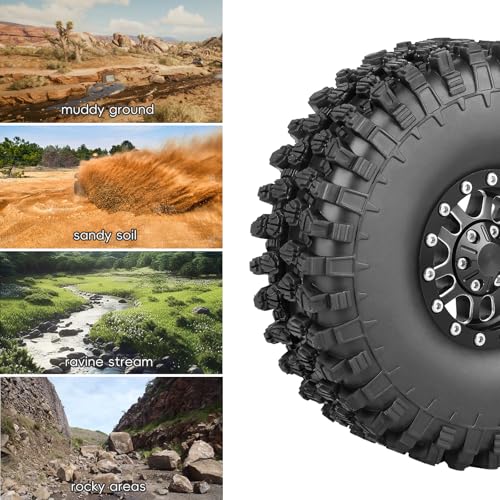High-Grip Aluminum 1.9 Beadlock Wheels and Tires Set Combo All-Terrain for Traxxas TRX-4 Axial SCX10 Capra RC4WD Redcat Gen8 1/10 Scale RC Crawler - color: Black Rims
