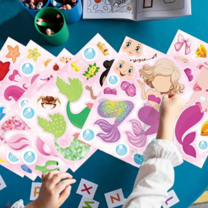 24 Sheets Make Your Own Mermaid Stickers, Make a Face Sticker for Girls | Mermaid Birthday Party Favors , Mermaid decoration Classroom Teacher Rewards, Art Craft Supplies - style: Mermaid（Pink）