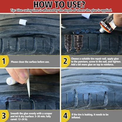 Tire Repair Glue Kit, 2-Pack 10 ml Rubber Cement with 8 Nails | Quick tire fix for cars, bikes, and motorcycles; strong seal, easy use, compact kit for emergencies