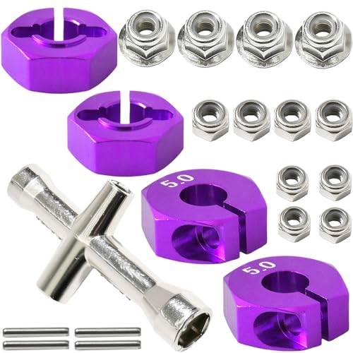 Aluminum 12mm Hex Wheel Hub 4Pcs w/Axle Pin M4 Flange Lock Nut Standard M3 M4 Nut 5mm Thickness Wheel Drive Adapter for 1/10 Traxxas HSP Redcat Rc4wd Tamiya Axial SCX10 WLtoy RC Car(25Pcs) - color: Purple, size: 5.0