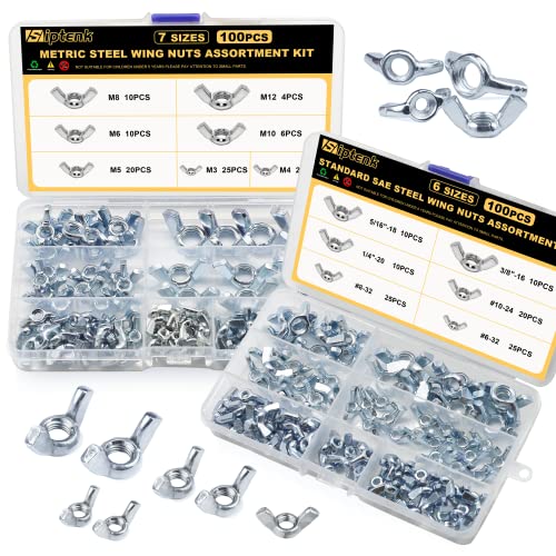 Siptenk Wing Nuts 200PCS, Metric & SAE Wingnuts 13 Assorted Sizes Carbon Steel Zinc Plated Butterfly Wing Nut M3-M12 6-32 to 3/8"-16 Fasteners Hardware Assortment Kit - color: 200PCS Metric & SAE