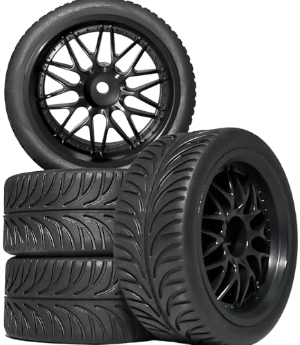 OD 2.55" On Road Rubber Tires Nylon Wheels- 12mm Hex for 1/10 RC Racing Car | Compatible with MJX HSP Tamiya HPI Kyosho Traxxas Sakura Redcat WLtoys 1/10 RC On-Road Racing Touring Car (4pcs, Black) - style: E-Black