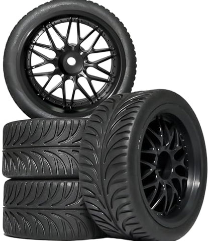 OD 2.55" On Road Rubber Tires Nylon Wheels- 12mm Hex for 1/10 RC Racing Car | Compatible with MJX HSP Tamiya HPI Kyosho Traxxas Sakura Redcat WLtoys 1/10 RC On-Road Racing Touring Car (4pcs, Black) - style: E-Black