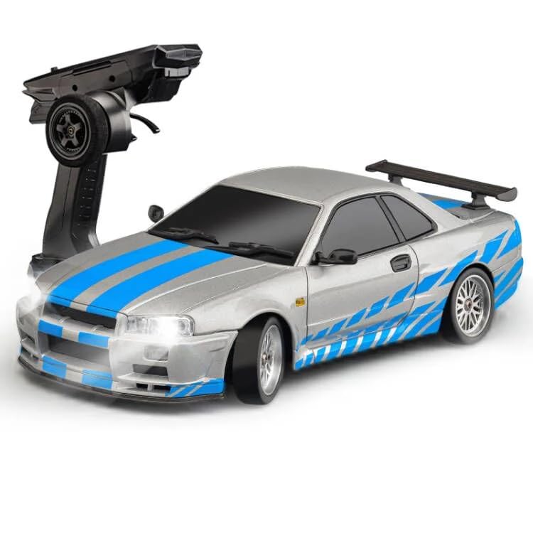 LD1899 1/18 Scale RC Drift Car, GTR R34 2.4GHz RWD Mini Model Car with Gyro, Alloy Body Shell Racing Cars for Adults Toys (Silver-Blue) - color: Silver-blue