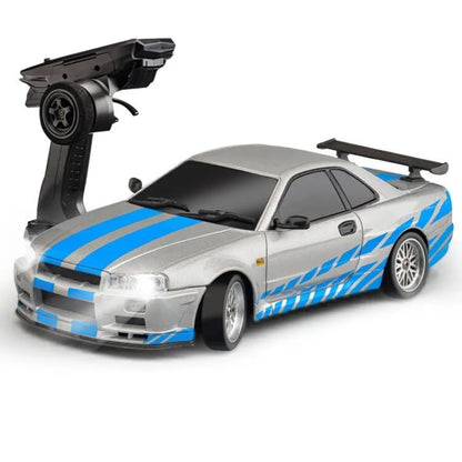 LD1899 1/18 Scale RC Drift Car, GTR R34 2.4GHz RWD Mini Model Car with Gyro, Alloy Body Shell Racing Cars for Adults Toys (Silver-Blue) - color: Silver-blue