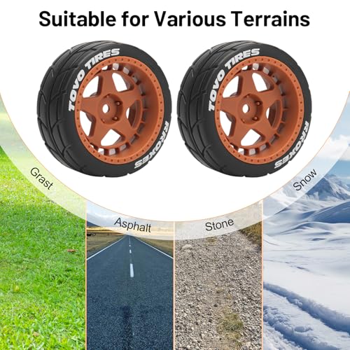 1/10 RC On Road Wheels and Tires, daitoku 12mm Hex RC Rally Racing Car Tires for HPI Ken Block's Tamiya XV01 TT01 TT02B Kyosho FAZER MK2 Lc Racing PTG HSP RGT RC 3RACING D5 (Orange) - color: Orange