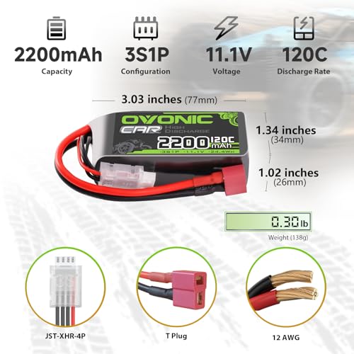 OVONIC 3S Short LiPo Battery 11.1V 2200mAh 120C with Dean-Style T Plug for RC Car RC Truck Airplane Helicopter Boat Car Racing RC Hobby [2 Packs][77" D x 34" W x 26" H mm]