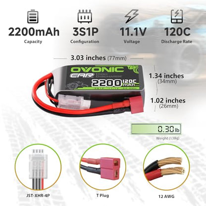 OVONIC 3S Short LiPo Battery 11.1V 2200mAh 120C with Dean-Style T Plug for RC Car RC Truck Airplane Helicopter Boat Car Racing RC Hobby [2 Packs][77" D x 34" W x 26" H mm]