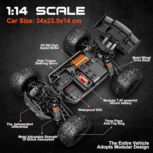 1:14 Scale All Terrain RC Cars for Adults & Boys (HS14323), Max Fast 40+ KPH, 4WD Off-Road RC Truck for Snow & Sand & Mud, 4X4 Waterproof Remote Control Car with 2 Rechargeable Batteries - color: Green2