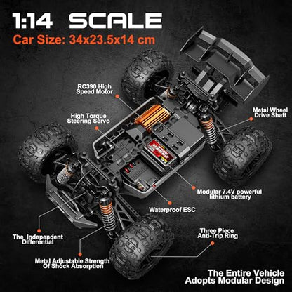 1:14 Scale All Terrain RC Cars for Adults & Boys (HS14323), Max Fast 40+ KPH, 4WD Off-Road RC Truck for Snow & Sand & Mud, 4X4 Waterproof Remote Control Car with 2 Rechargeable Batteries - color: Green2