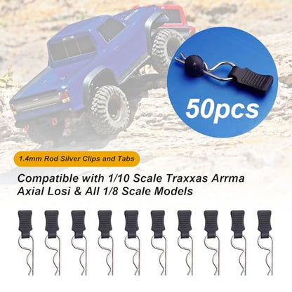 HobbyPark 50pcs Universal RC Car Body Clips w/Pull Tabs R Pins for 1/10 Scale Traxxas Arrma Axial Losi & 1/8 Redcat HPI HSP Exceed Truck Buggy Shell Replacement Parts - size: 1.4mm Rod Silver Clips and Tabs