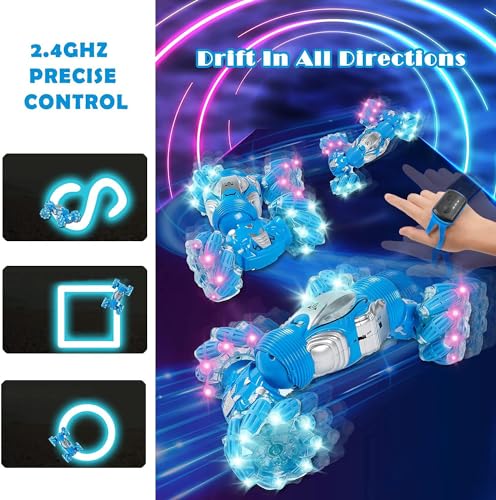 Boys Aged 6-12 Birthday Gift Ideas- Gesture Sensing RC Stunt Car Toy for Kids, Hand-Controlled 2.4Ghz Remote Control Twist Cars, 4WD All-Terrain Off-Road Vehicle - color: Watch Control and Remote Control