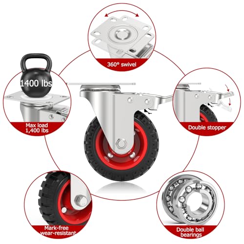 5" Swivel Caster Wheels with Safety Dual Locking and Rubber Tire Wheels, Heavy Duty - 350 Lbs Per Caster for Workbench, Cart, Trolley, Dolly, Cabinet, Compact Rubber Castor Wheels, 4-Packs
