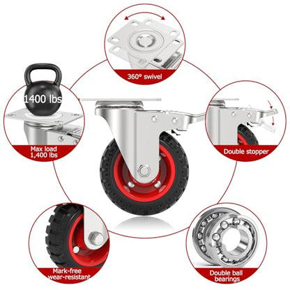 5" Swivel Caster Wheels Set of 4, Heavy Duty Casters with Brakes | 350Lbs each,Rubber Tire Wheels,non-marking,Dual Locking,Plate Castors for Furniture Carts,Workbench,Trolley, Dolly, Cabinet