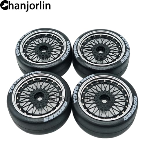 1/10 RC Drift Smooth Tires OD 2.56" & Aluminum Wheels 12mm Hex Hard Drift Racing Tyres for 1:10 1/12 Rally Street On Road Touring Car TT01 TT02 XV02 XV01 TA06 KYOSHO PTG2 4PCS (Black) - color: Black