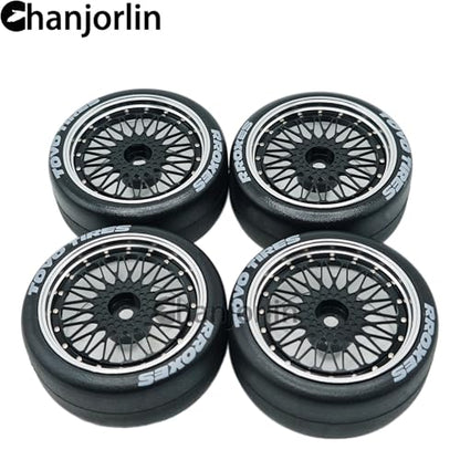 1/10 RC Drift Smooth Tires OD 2.56" & Aluminum Wheels 12mm Hex Hard Drift Racing Tyres for 1:10 1/12 Rally Street On Road Touring Car TT01 TT02 XV02 XV01 TA06 KYOSHO PTG2 4PCS (Black) - color: Black