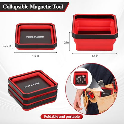 TOOLEAGUE 4Pcs Collapsible Magnetic Parts Tray Set with 15Lb Magnetic Pickup Pen,4.5" Square Silicone Foldable Tool for Organizing Screw Bolts Nuts Washers Pins and Other Small Metal Parts - size: 4pcs