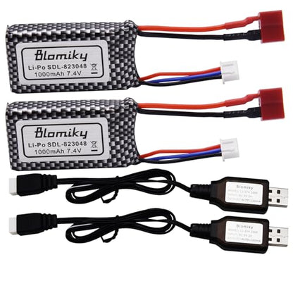 Blomiky 2 Pack 7.4V 2S 30C 1000mAh 7.4Wh Lipo Battery T Plug Suitable for Haiboxing 18859E 18858 16890A and XLH Q903 RC Trucks / Q903 Battery and USB