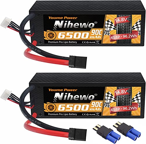 Niehwo 4S Lipo Battery 14.8V 6500mAh 90C Hard Case EC5 2Pcs for RC Car Boat | 2Packs 4S Battery 14.8V 6500mAh Hard Case Tx Plug for 1/5 1/6 1/7 1/8 RC Car Truck Vehicle High Discharge Rate Long Run Time - style: 14.8V 6500mAh