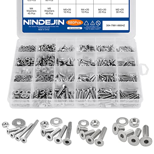 NINDEJIN 880Pcs M2 M3 M4 M5 Stainless Steel Precise Metric Hex Socket Head Cap Machine Screws,Round Flat Socket Bolts and Nuts Set and Washers Assortment Kit +Wrench (Flat Head Cap) | 304 Stainless Steel, Bolts Nuts Flat Washers Screw Set, Corrosion Resi