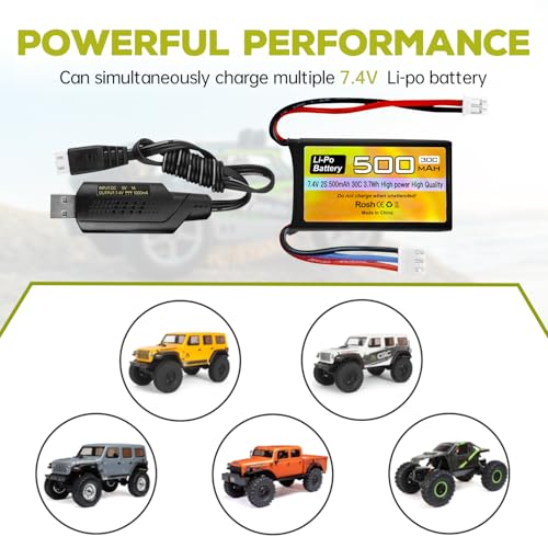 2PCS 7.4V 500mAh 30C Lipo Battery RC Car Drone Battery with PH2.0 Plug for AX24 SCX24 RC Car Model Batteries Compatible with Most 1/10, 1/16, 1/18, 1/24 Scale RC Cars Trucks