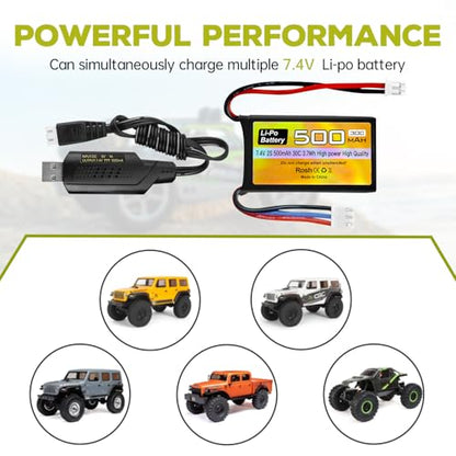 2PCS 7.4V 500mAh 30C Lipo Battery RC Car Drone Battery with PH2.0 Plug for AX24 SCX24 RC Car Model Batteries Compatible with Most 1/10, 1/16, 1/18, 1/24 Scale RC Cars Trucks