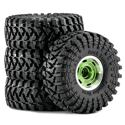 1.0" Beadlock Aluminum Wheels and 64mm Soft Rubber Tires | for SCX24, TRX4M, Ascent 18, FCX24, 1/18 1/24 RC Crawler, 7mm Hex, 0mm Offset, with Foam Inserts, (Green 356) - color: Green 356
