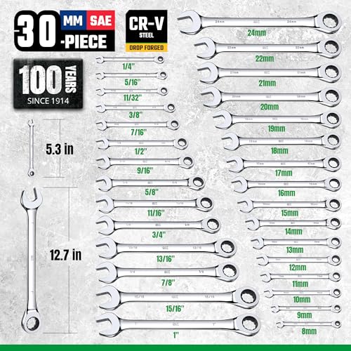 SK Ratchet Wrenches Set, SAE 1/4" to 1", Metric 8 to 24mm, 30-Piece | Ratcheting Wrench Set, Combination Wrench Set, 72-Tooth, Premium CR-V Steel, Chrome Plating Surface, Roll-Up Pouch - size: 30-Piece, SAE 1/4" to 1", Metric 8 to 24mm