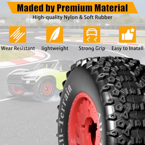1/10 RC Short Course Truck Wheel Tires Set- 12mm/17mm Hex, Red | All-Terrain Tires and Nylon Wheels Compatible with 1/10 Traxxas Slash 4WD 2WD Arrma Senton Axial Losi Redcat RC Buggy, 4-Pack - color: Red